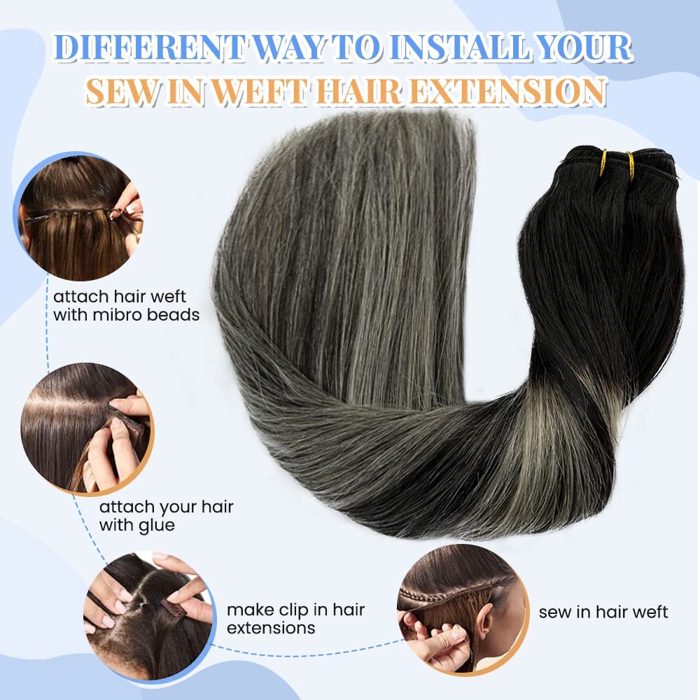 Silver Weft Hair Extensions Balayage Human Hair Bundles 22Inch 120 Gram Ombre…