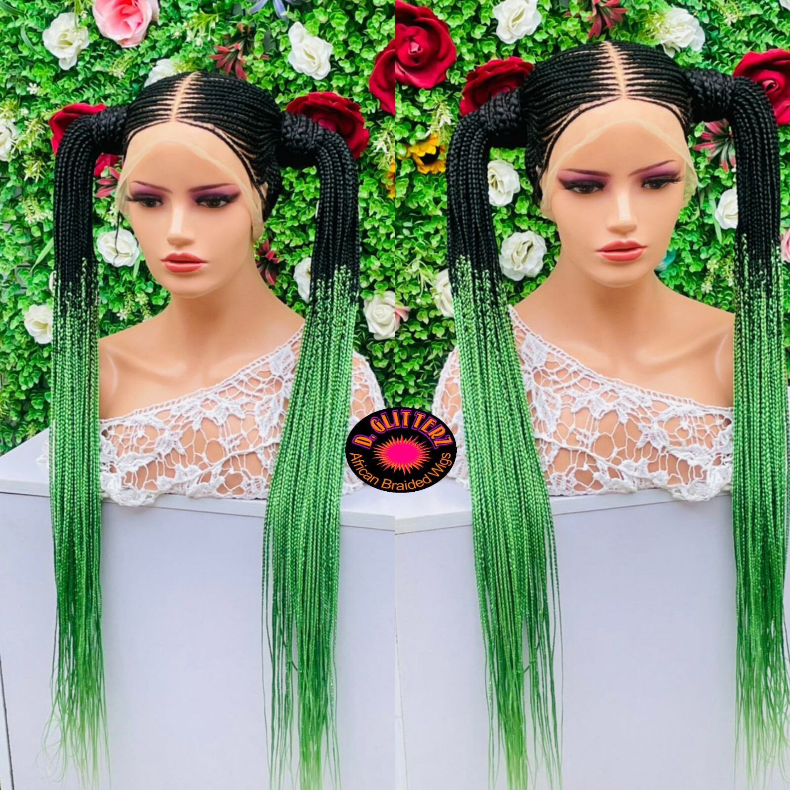 AFRICAN BRAIDED TWO PONYTAIL CONROW WIG ON FULL LACE MEDIUM SIZE 42″