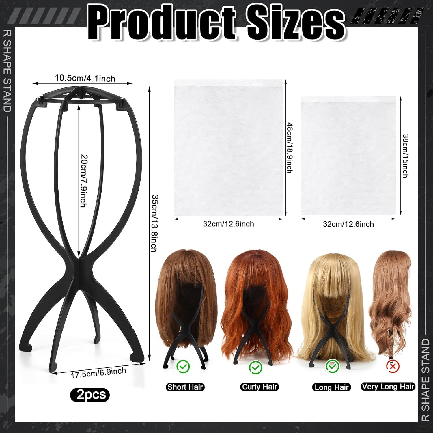 2 Pack Wig Stand with 2Pcs Dust Bag, Travel Head Holder Black