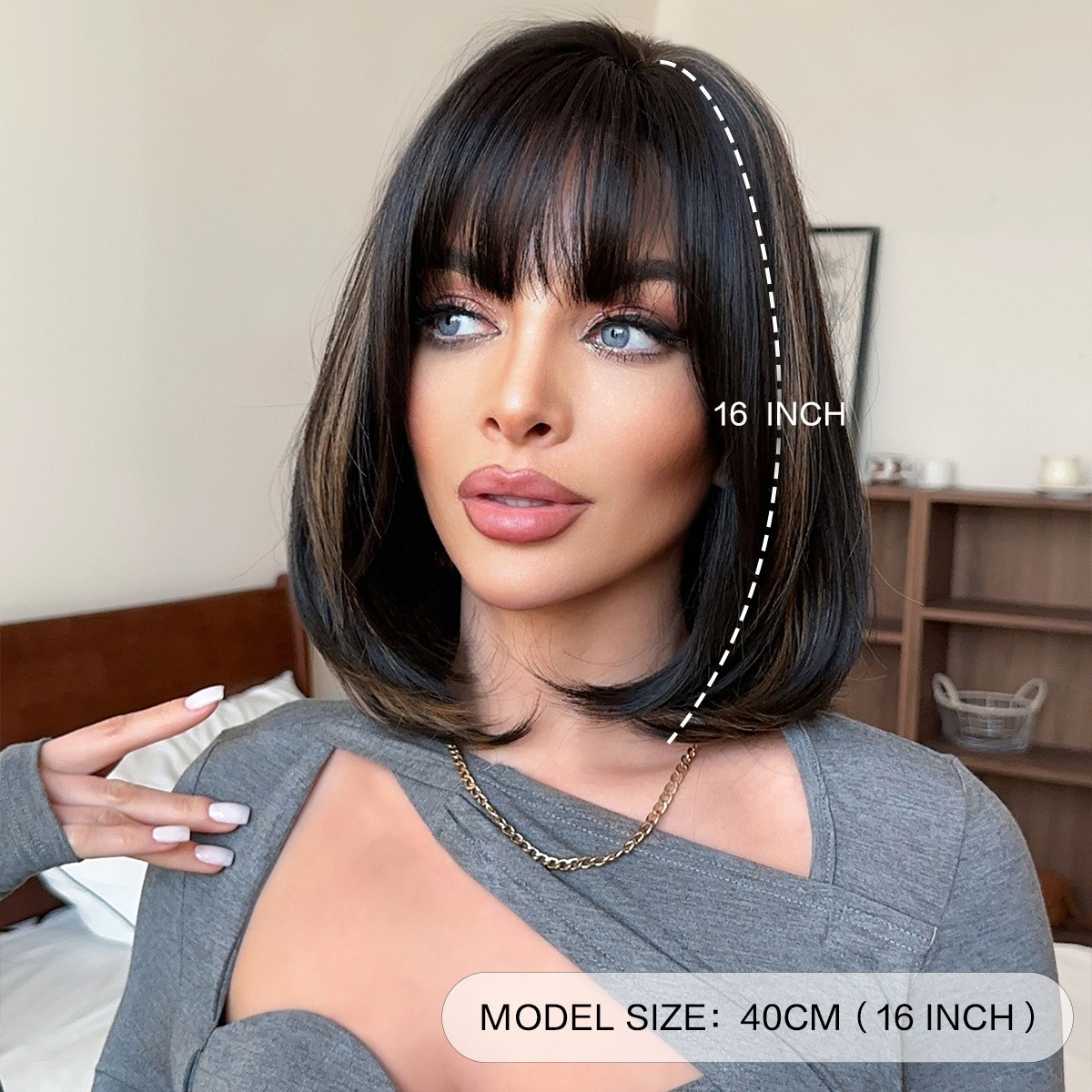 Bob Wig Shoulder Length Black Blonde Highlight Layered Full Head Straight Hair