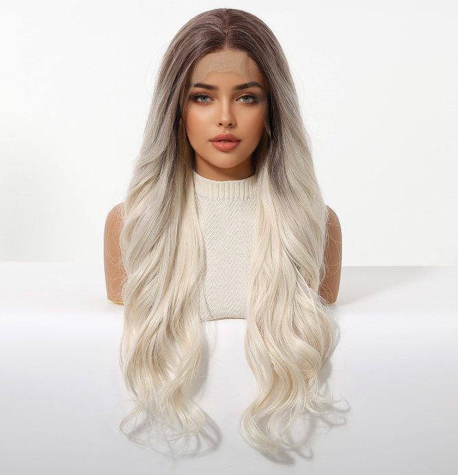 Long Wavy Rooted Pale Blonde Mix Lace Front Synthetic Hair Heat Ok Wigs