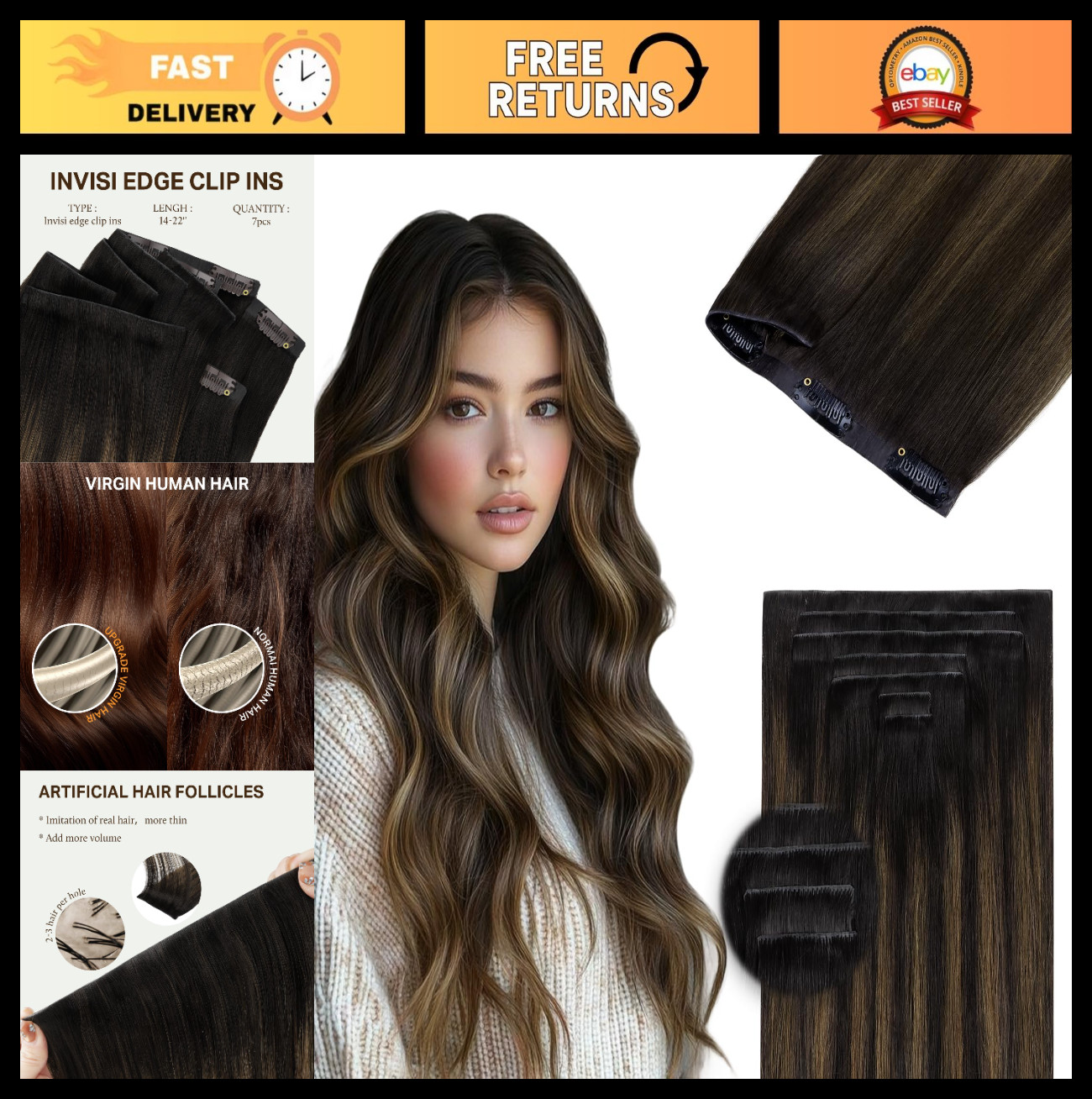 Real Human Hair Extensions 18″ 130g Clip-In 7pcs Seamless Invisible Weft Dark Br