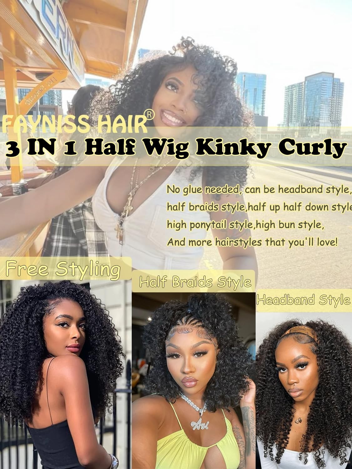 22″ Kinky Curly Half Wig Human Hair – 3 in 1 Flip Over, Glueless, 220 Density, B