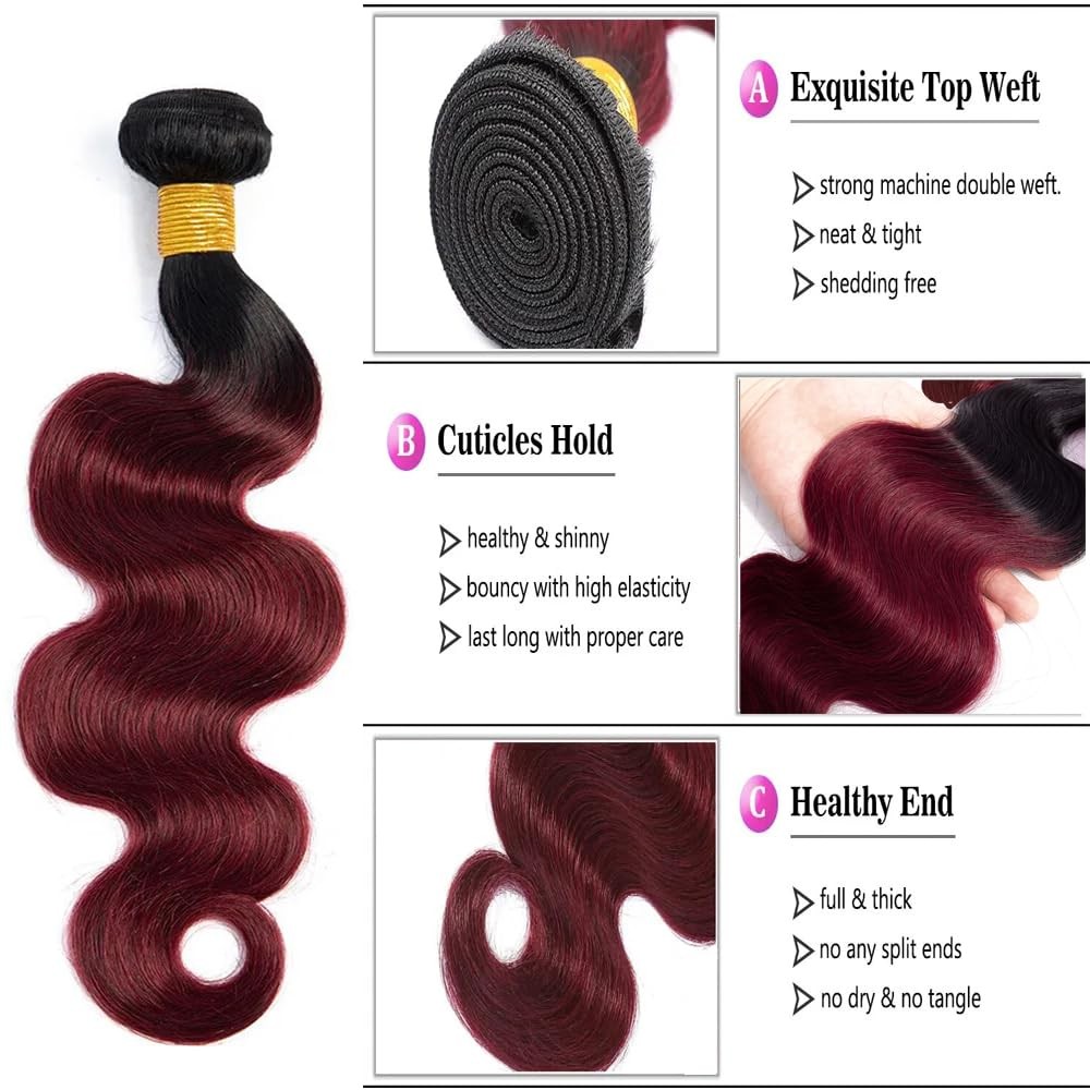 Niciitysi Ombre Two Tone Black And Burgundy Bundles Color 1B99J Body Wave Human