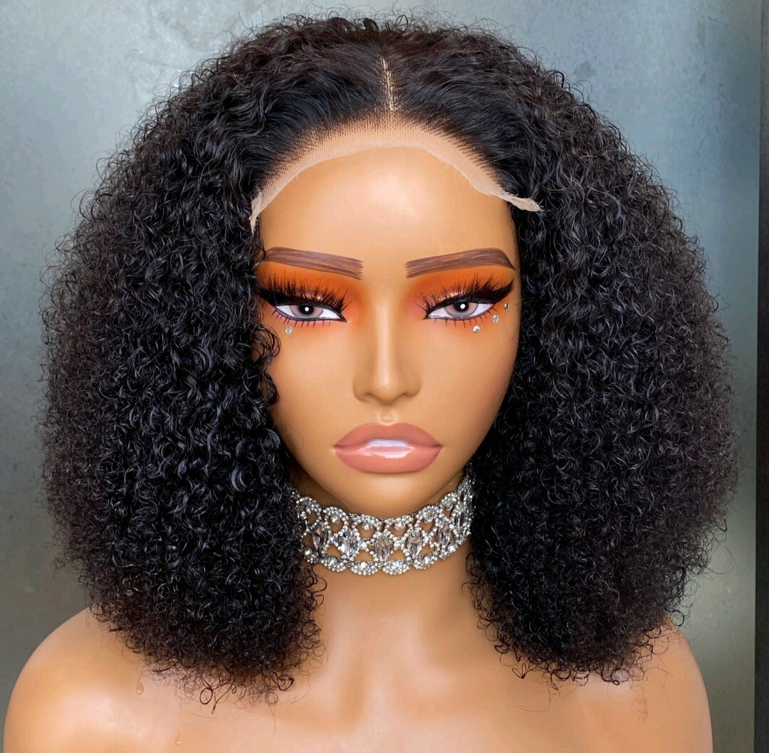 12INCH BRAZILIAN HAIR 5X5 HD LACE WIG AFRO SOFT KINKY BABY CURL 180% DENSITY 1B#