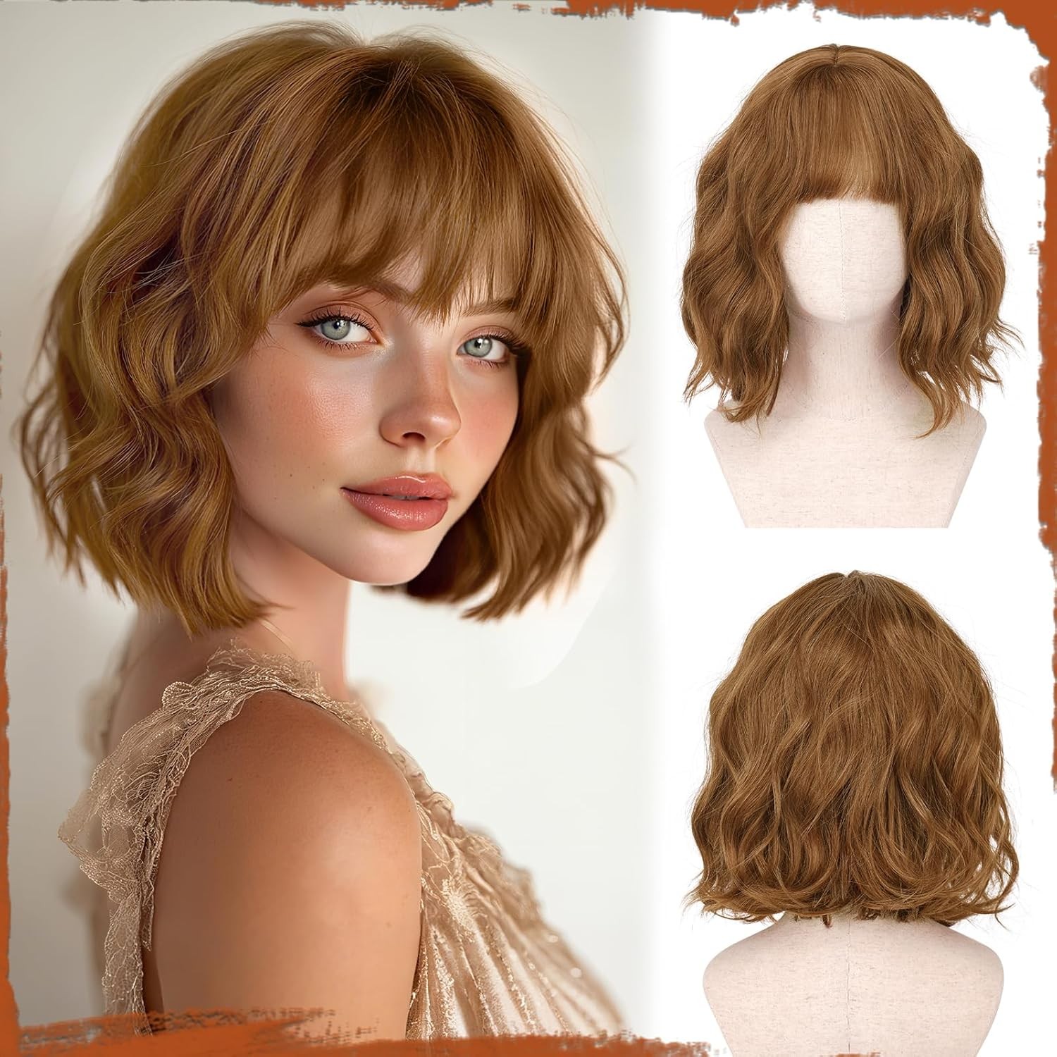 Dark Ginger Short 12 Inch Curly Auburn Wig with Bangs for Women Ginger Hair Wigs