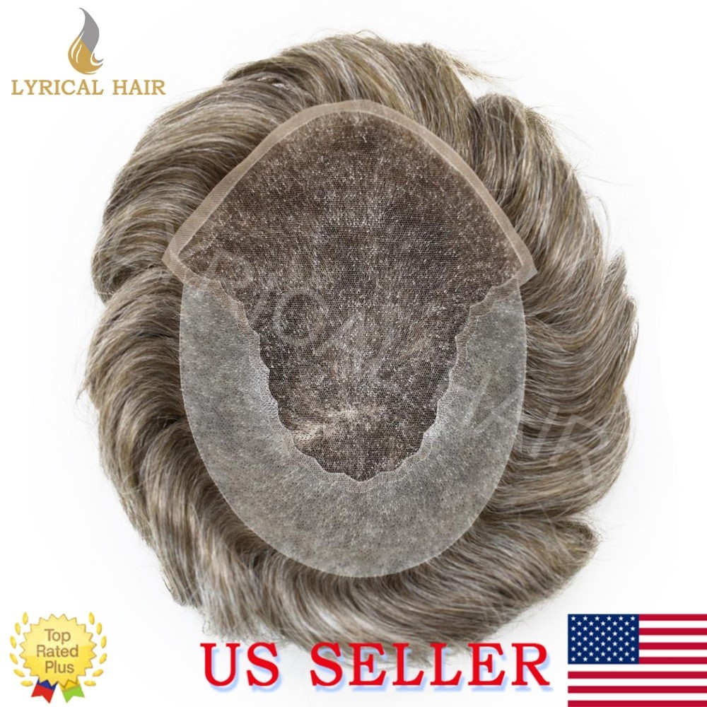 Q6 Mens Toupee French Lace Front Skin PU Human Hair Pieces Natural Hairline Wigs