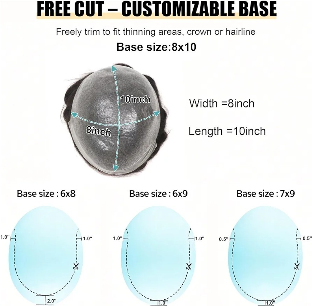 Mens Toupee 0.03mm Ultra Thin PU Skin Real Human Hair Replacement V-loop 8×10 1B