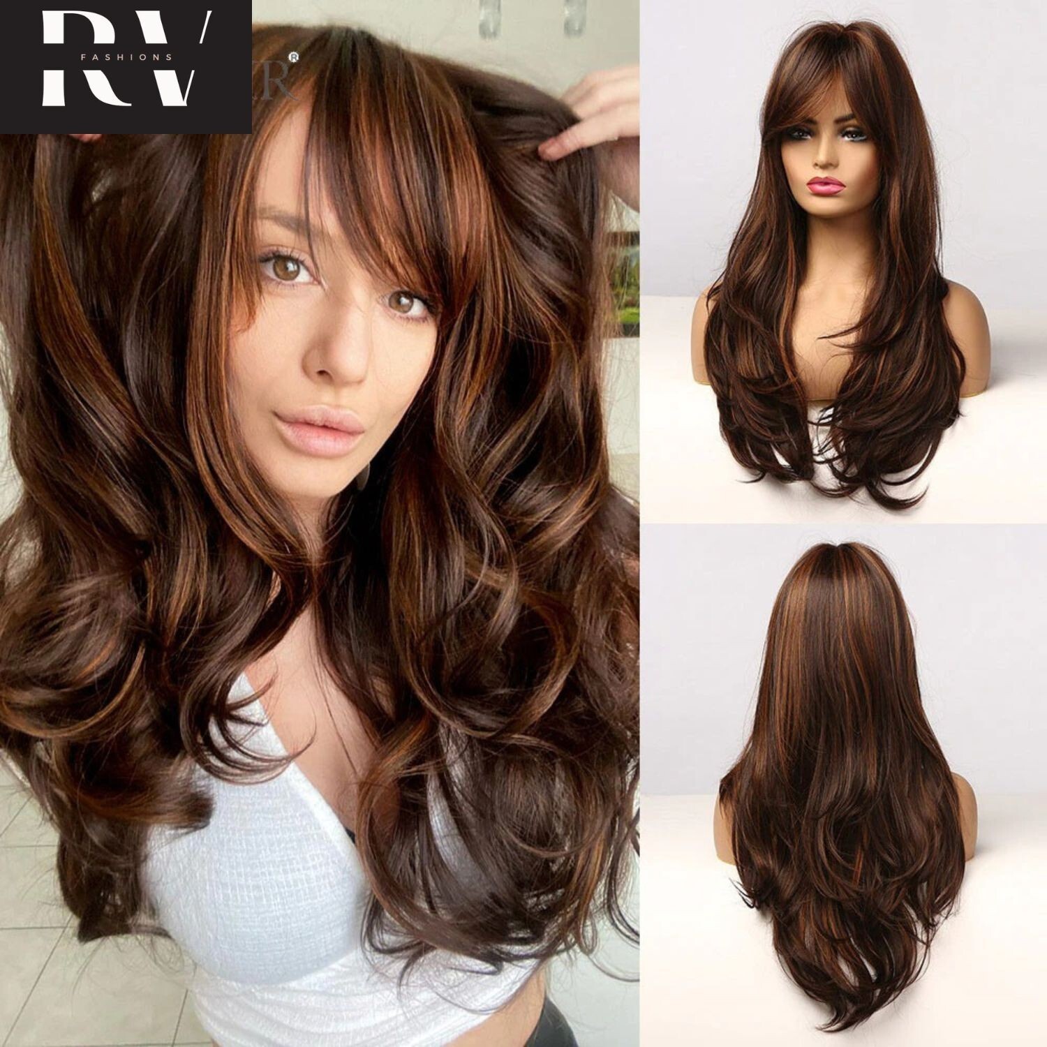 Black Brown Golden Highlight Wigs Long Wavy Synthetic Hair Wigs Womens hair Gift