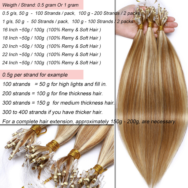 150G Thick Micro Loop Tips Ring Beads Virgin Remy Human Hair Extensions Ombre 9A