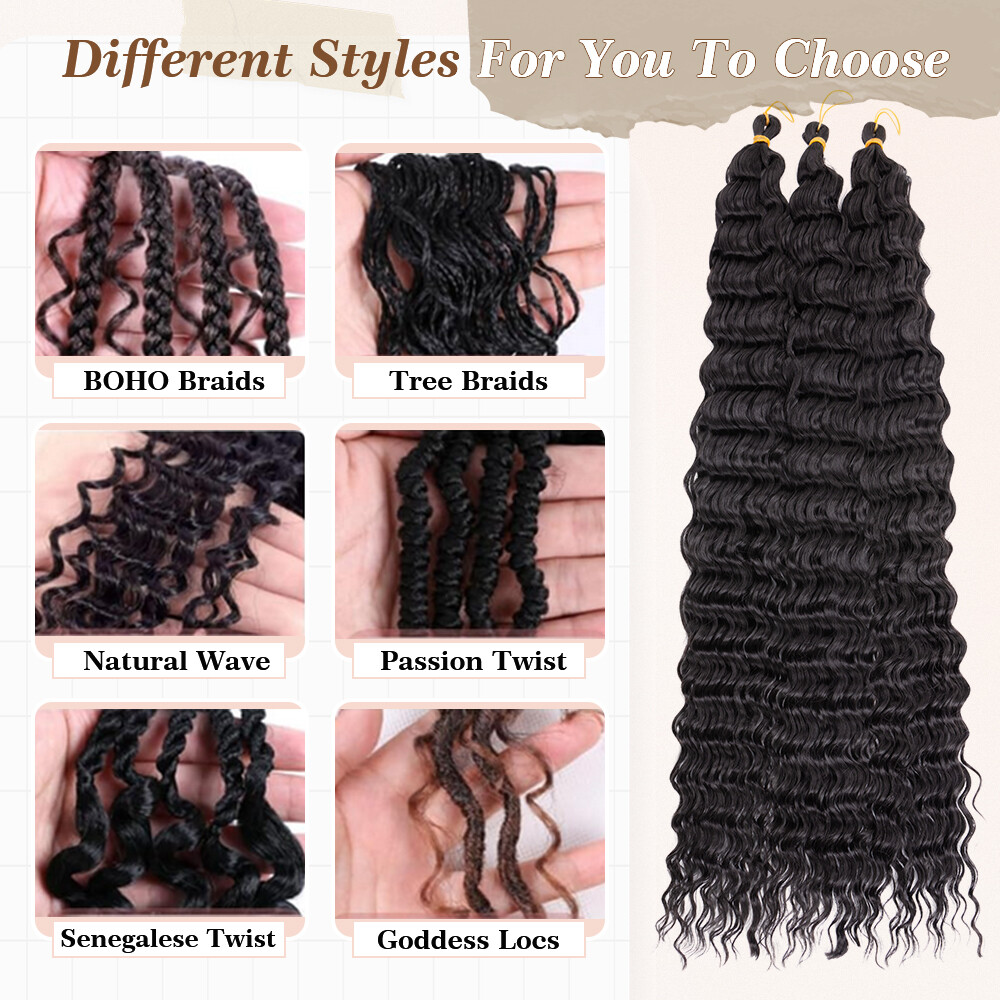 28″ Long Thick Water Wave Hair Extensions Crochet Braids Deep Curly Ocean Weave