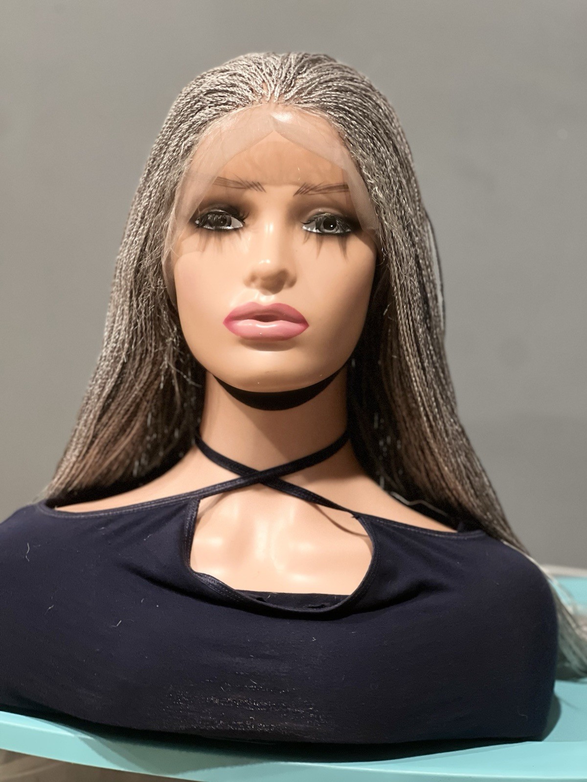 BRAIDED MICRO TWIST WIG . Made on a full lace wig.length is 28”long.gray wig