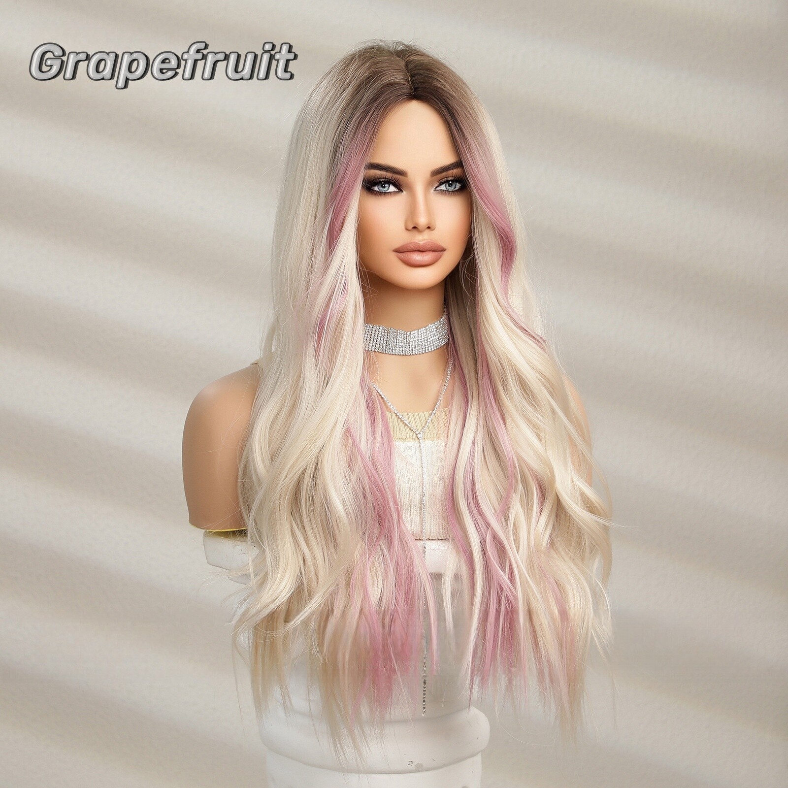 Wig for women Gradient gold highlights pink synthetic fiber breathable wig