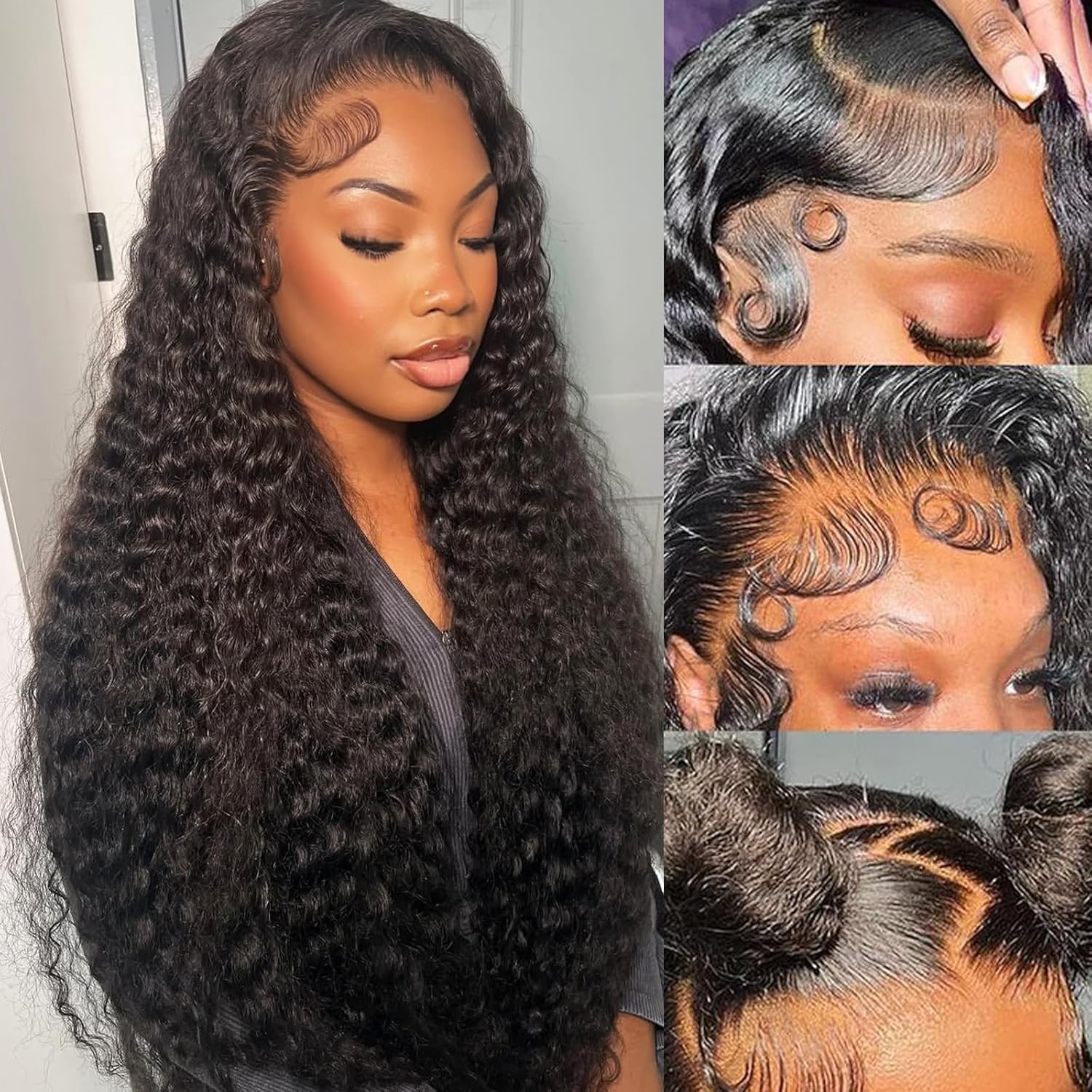 Black Curly Glueless Lace Front 13×4 Deep Wave Baby Hair Long Curly Lace Front