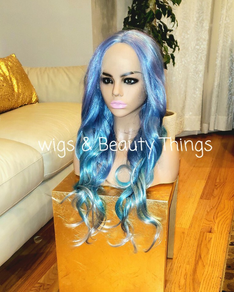 Long Front Lace Wig Human Hair Blend Curly Multicolor Balayage Mermaid Rainbow
