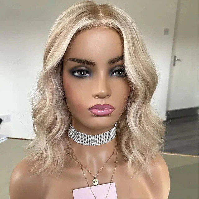 Remy Human Hair 13×4 Lace Front Wig Short Bob Brazilian Hair Wavy Ombre Blonde