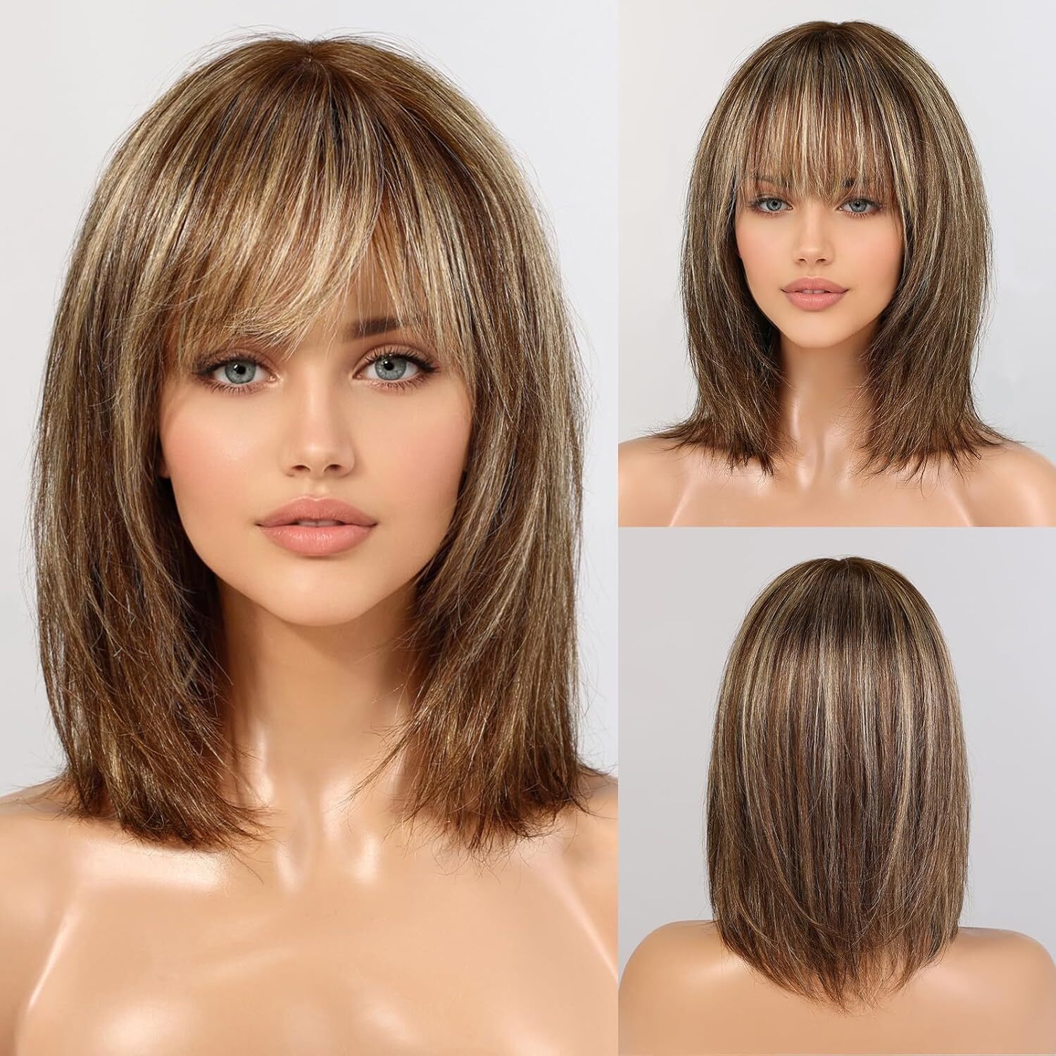 Brown Mixed Blonde Human Hair for Women Remy Hair Wig with Bangs None Lace
