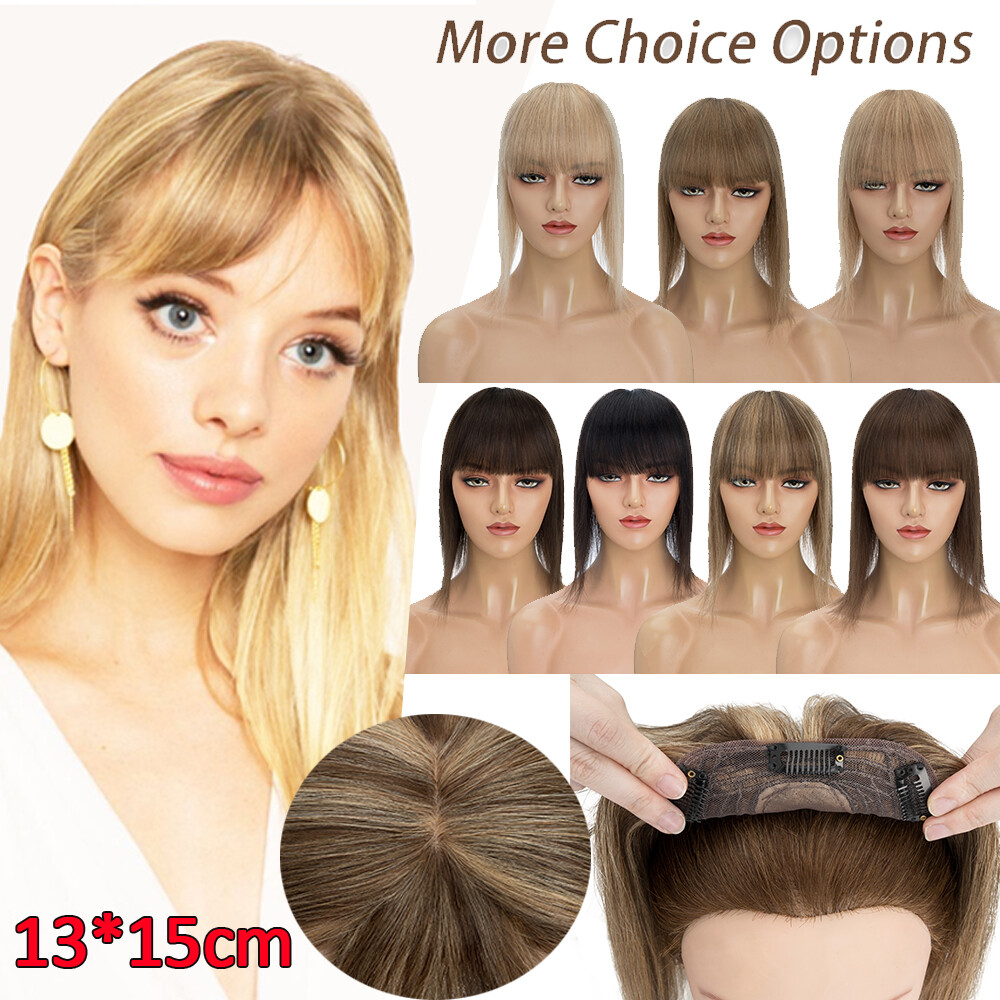 100% Remy Clip In Human Hair Topper Hairpiece Toupee w/ Bang Silk Base For Women