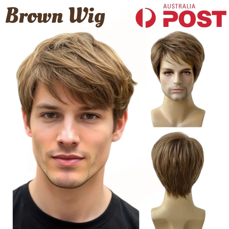 Men Wig Brown Layered Short Beanie Hairpiece Male Universal Cosplay Glueless Wig
