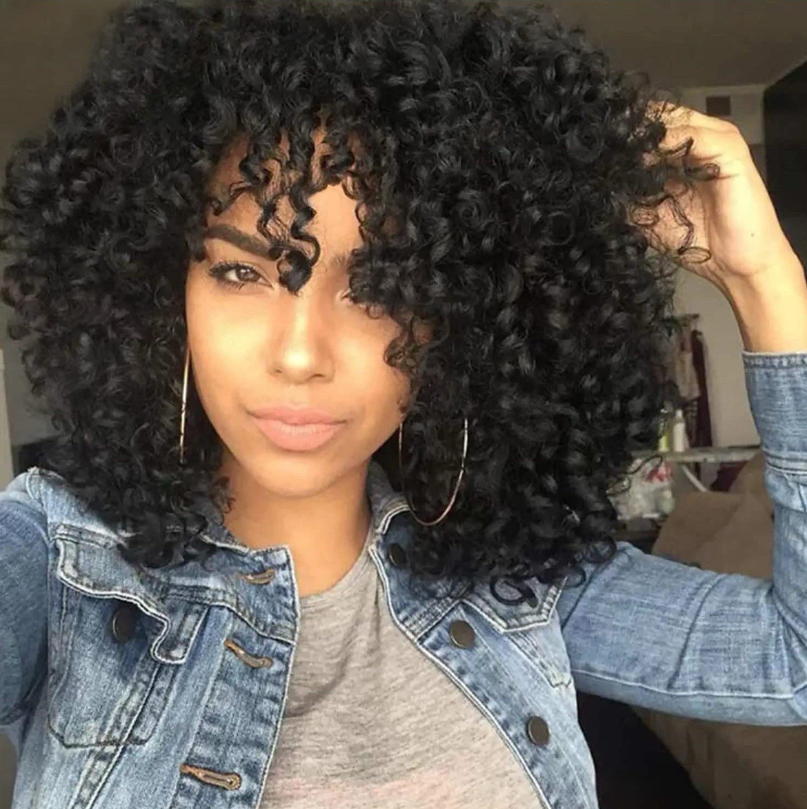 AISI HAIR Curly Afro Wig with Bangs Shoulder Length Wig Curly Black Synthetic