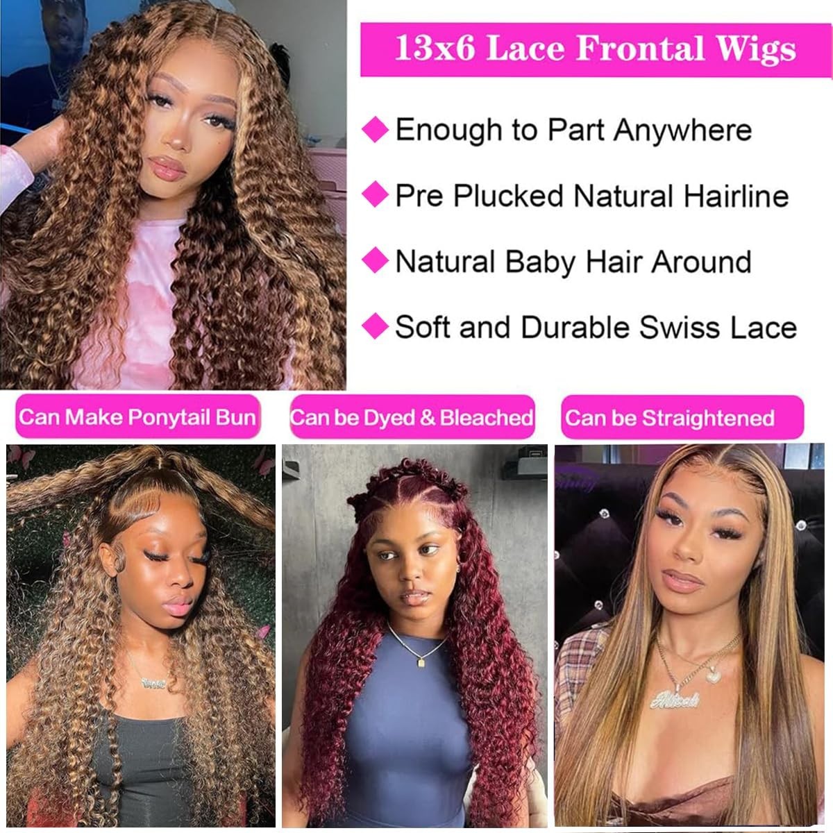 30″ Ombre Lace Front Wig Human Hair 200% Density 13×6 Honey Blonde Deep Wave HD