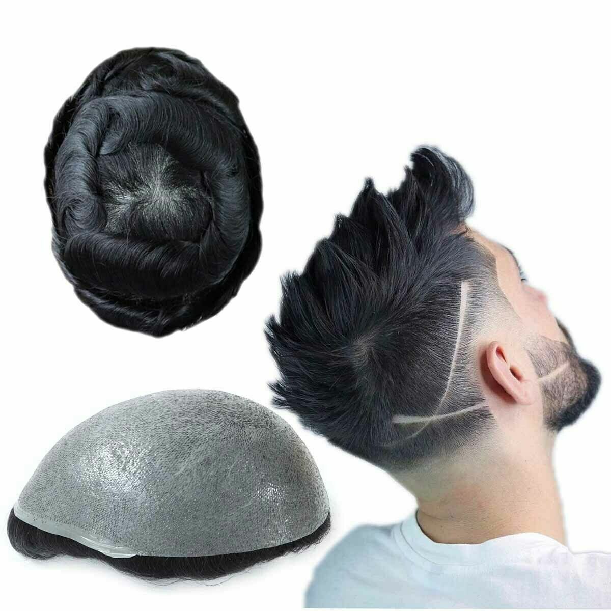 Full Poly Thin Skin Mens Toupee PU Human Hair System Replacement Wig for Men