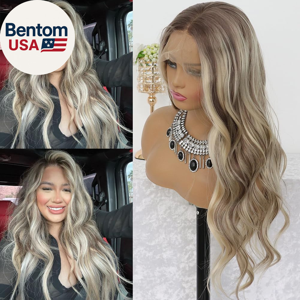 Highlight Ash Blonde Lace Front Wig Pre Plucked Glueless Long Wavy Brown Light B