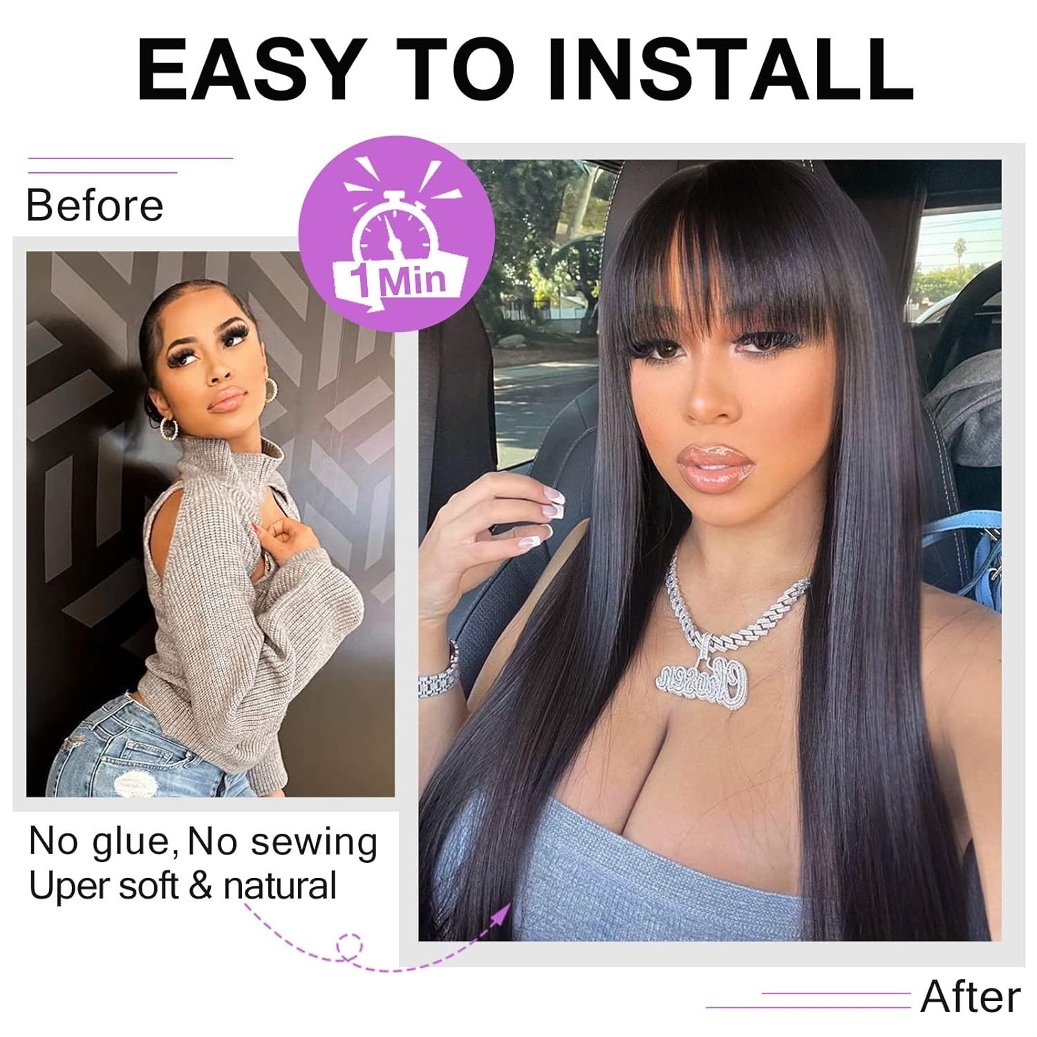 Black Wig with Bangs Long Straight Human Hair Wig for Women No Lace Front Wig
