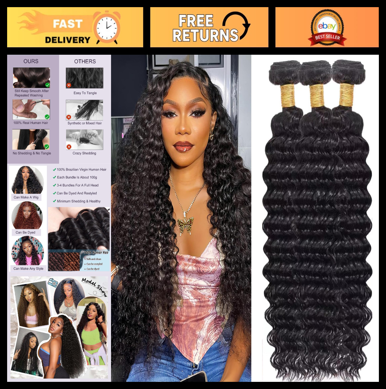 Deep Wave Human Hair Bundles 22″ 24″ 26″ Curly Wet & Wavy Brazilian Virgin 300G