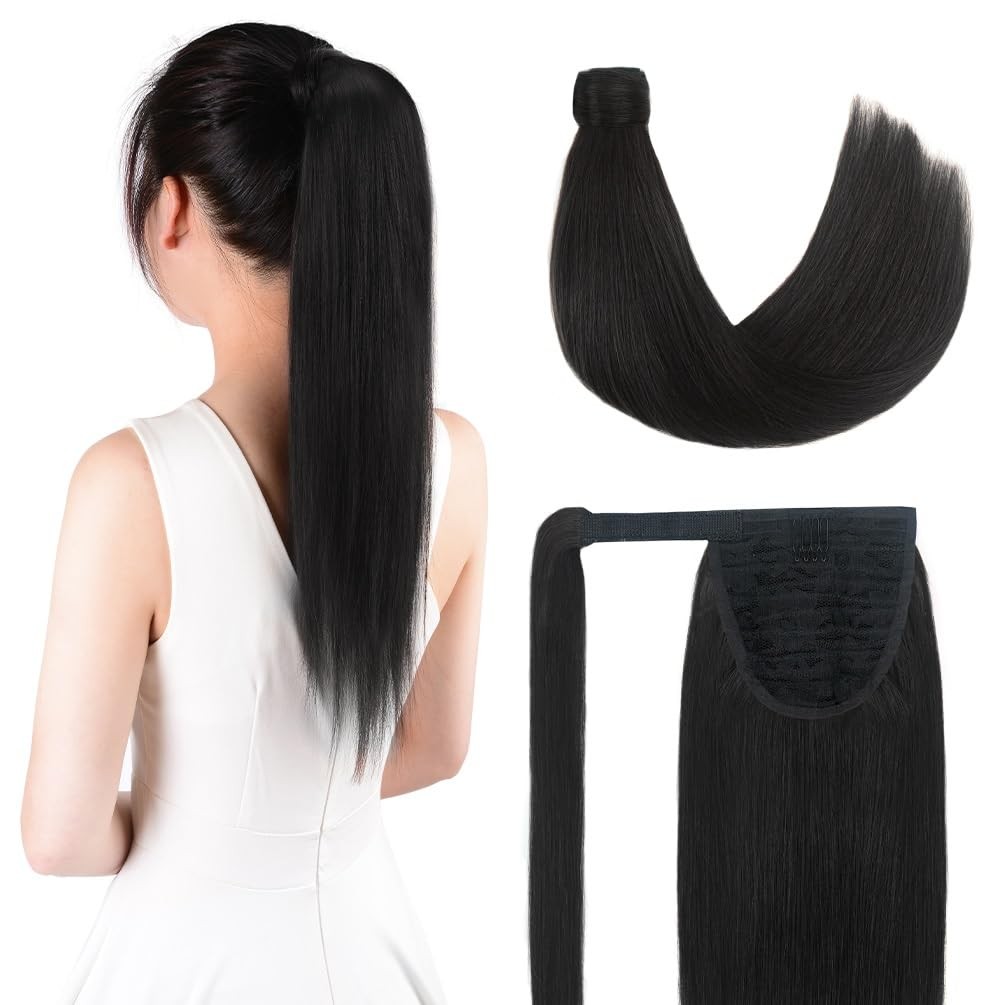 Winsky 18 Inch Human Hair Ponytail 80G Long Wrap Around Ponytail Jet Black Real