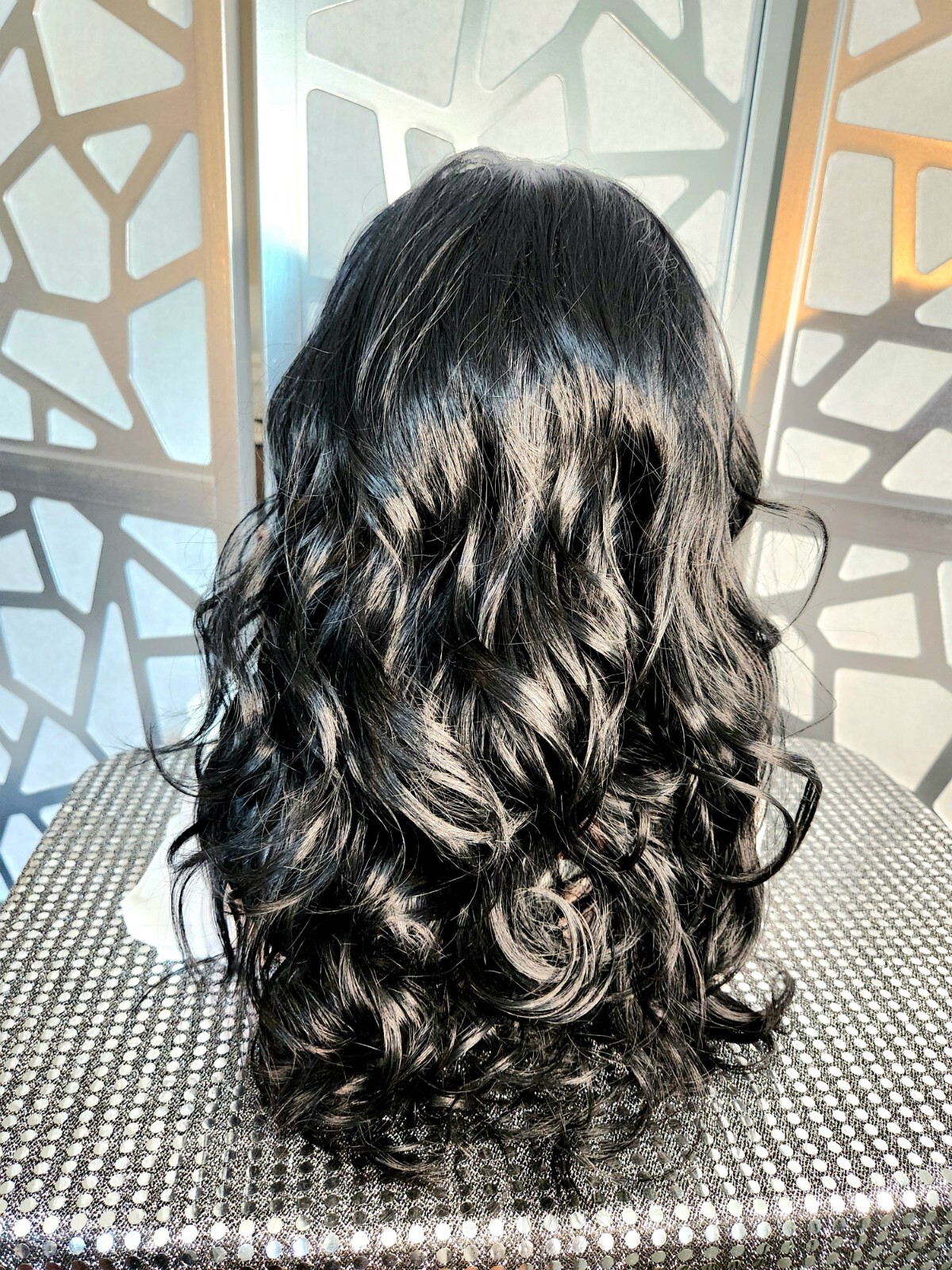 Curly Black Wig Human Blend Loose Wave Free Parting 13×4 Lace Front Wig Glueless