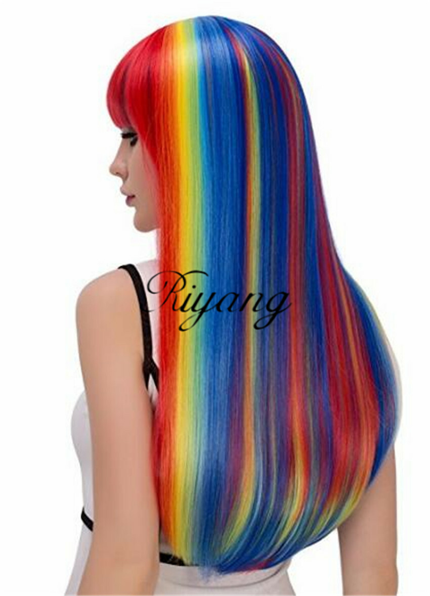 Multi-Color Straight Rainbow Costume Wig with Full Bang Long for Women Synthetic