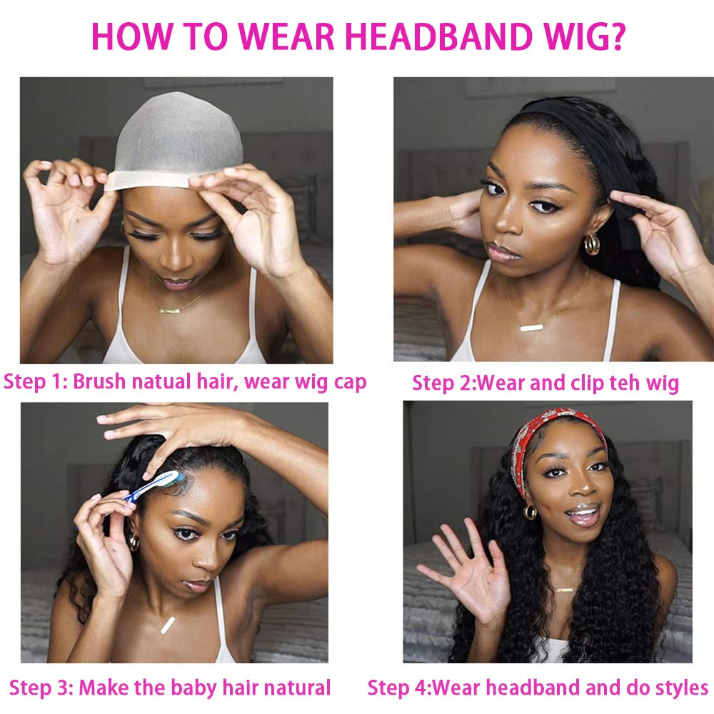 Headband Wig Human Hair Deep Wave 16 Inch Wigs for Black Women Glueless None Lac