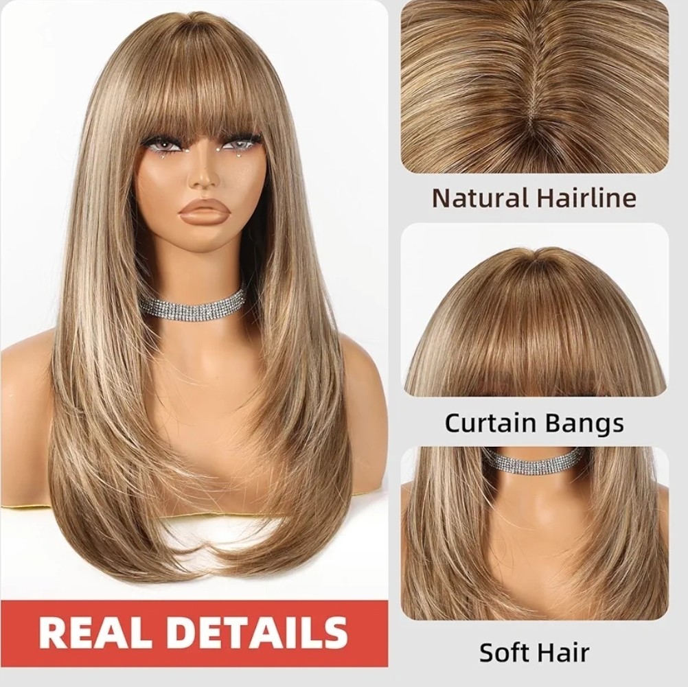 Wig – Human Hair Blend – Long Straight Layered Dark Brown Bangs Heat Resistant