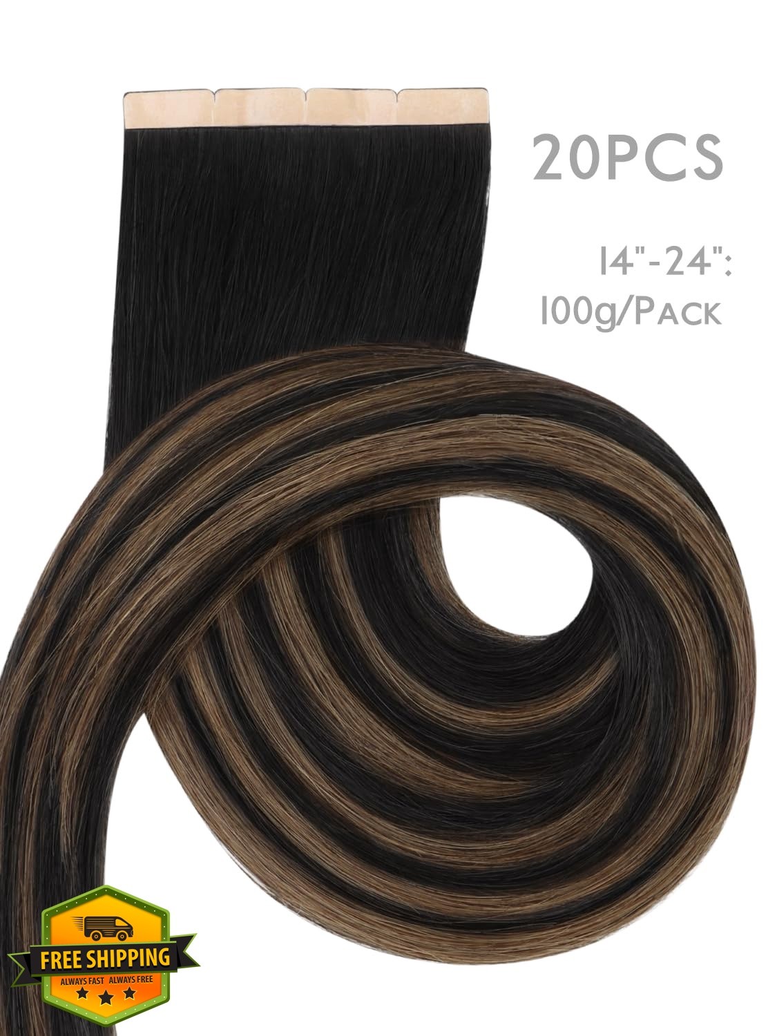 Wennalife 8cm Balayage Black Chestnut Tape Extensions 18 Inch 100g 20pcs