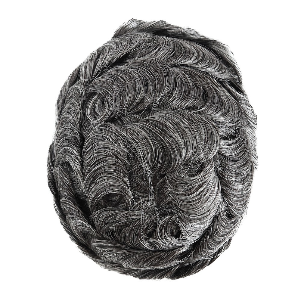 Mens Human Replacement System Skin Toupee Black Grey Hair Toupee Hairpieces 8X10
