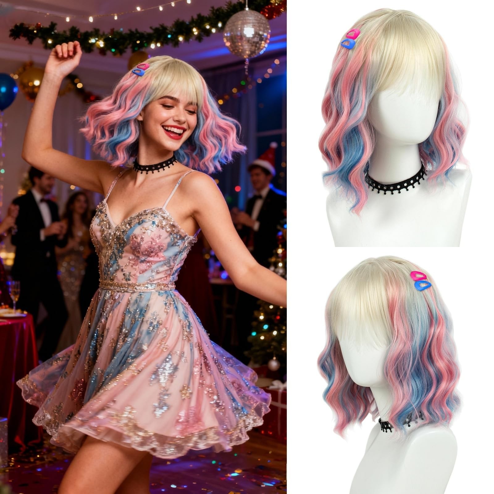 Short Curly Colorful Blonde Blue Pink Bangs for and Girls Cosplay Halloween P…