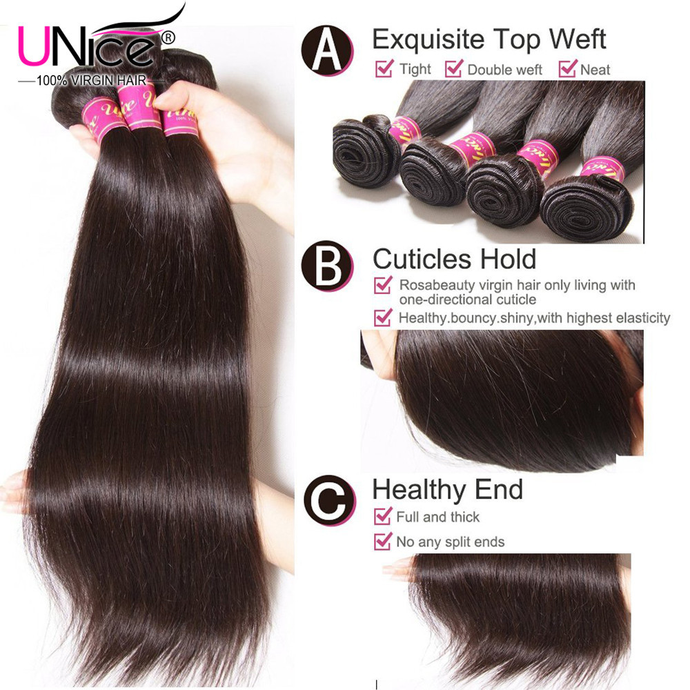 UNice Hair Indian Straight Human Hair Extensions 3 Bundles Virgin Hair Weaves US