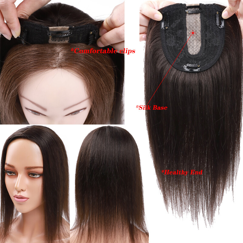 Clip in Topper Hairpiece Woman Toupee Virgin Human Hair Silk Base Lace Highligh