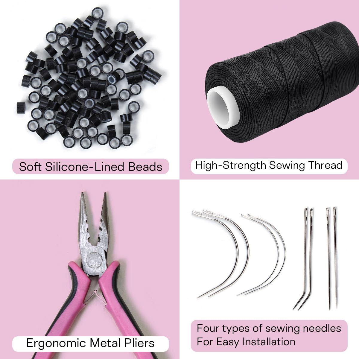 Hair Extension Tools Kit 200 Silicone Beads 1 Three Hole Pliers black
