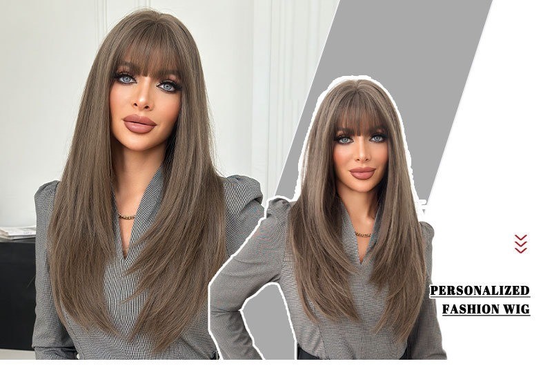 Brown high-quality straight hair with fringe wig for women full head coverings