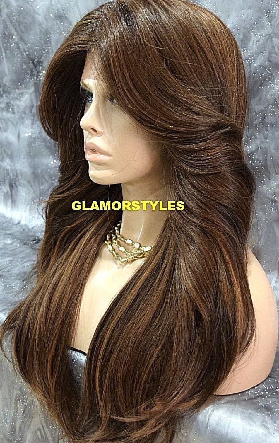FREE PART LACE FRONT FULL WIG LONG WAVY LAYERED OMBRE BROWN AUBURN MIX HEAT OK