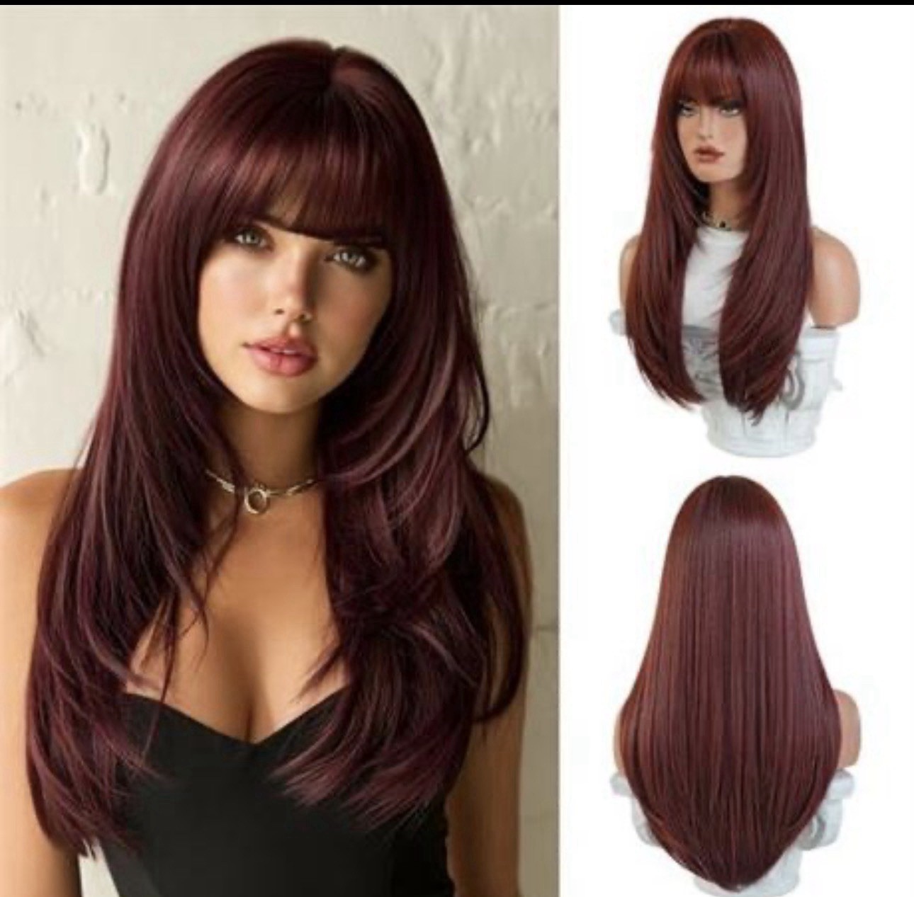 PARK YUN 27” Auburn Maroon Wig With Bangs Layered Synthetic Glueless