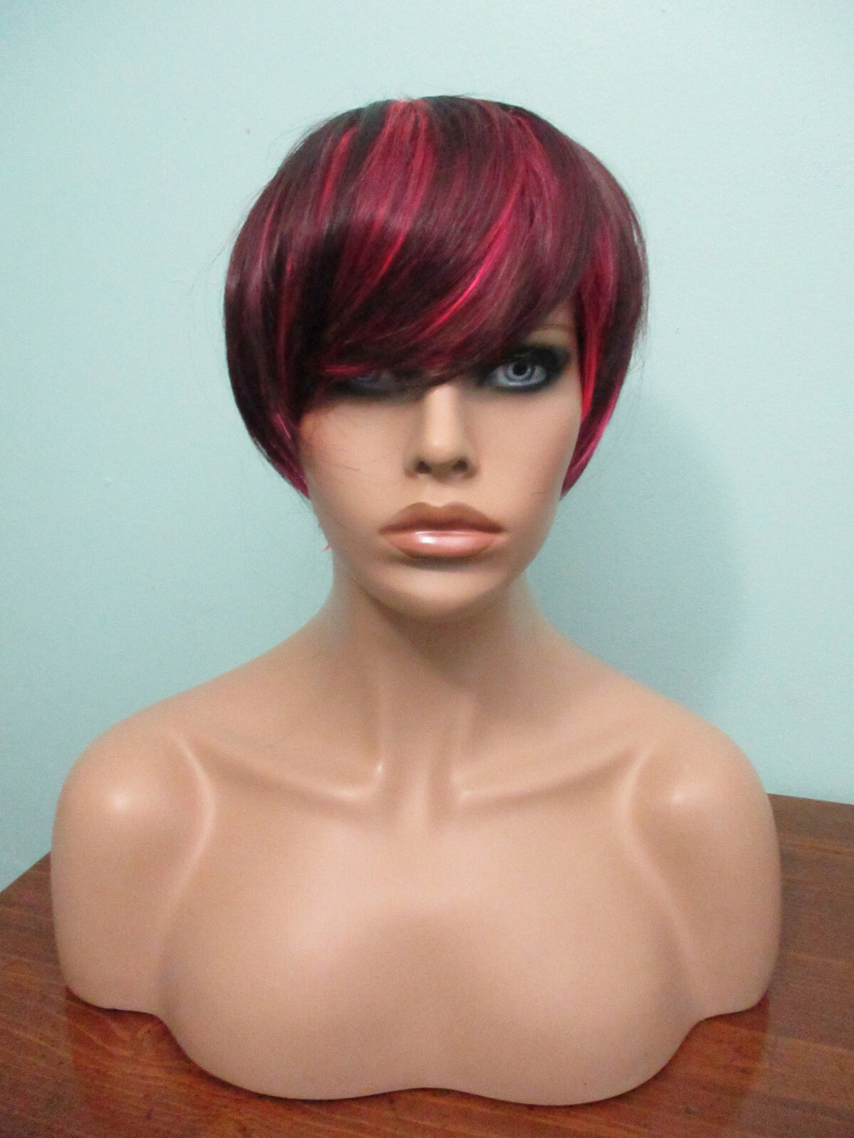 4″ hot pink and black short PIXIE cut swept bangs WIG