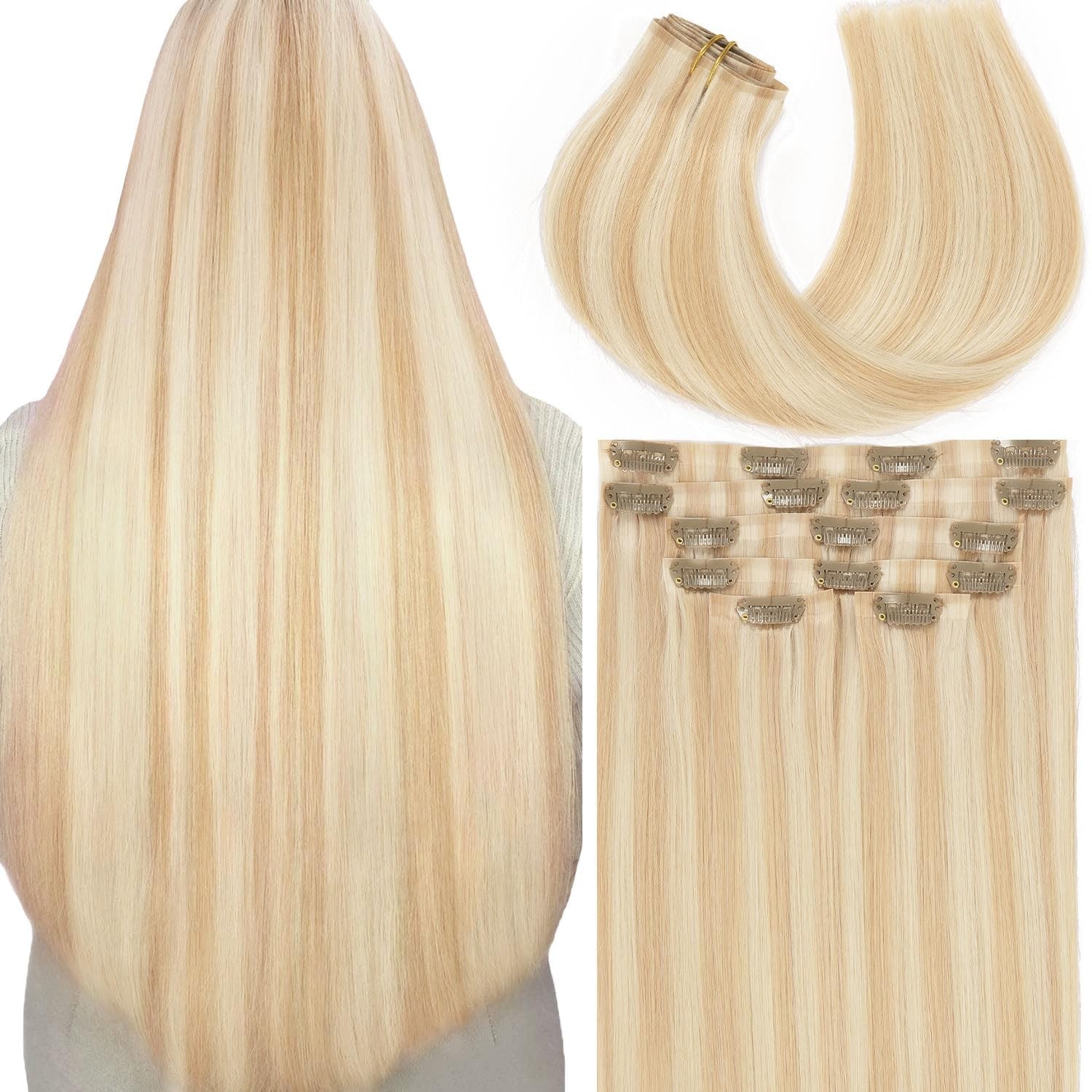 Lacer Hair Highlight Blonde Clip in Hair Extensions 20 Inch Human Hair 7pcs 110g