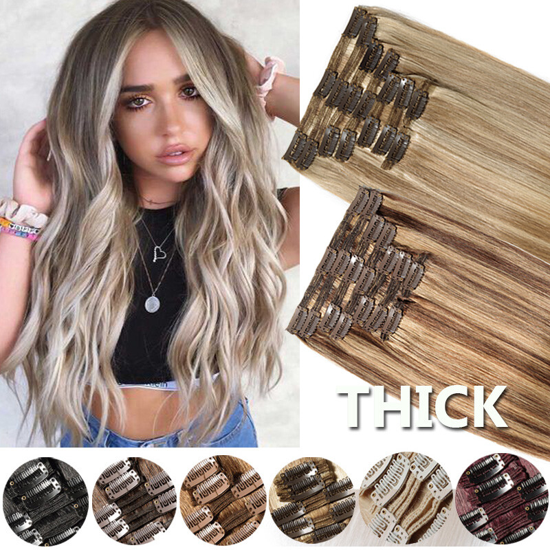 Thick Human Hair Double Weft Clip In Real Remy Weave Extensions FULL HEAD 8″-24″