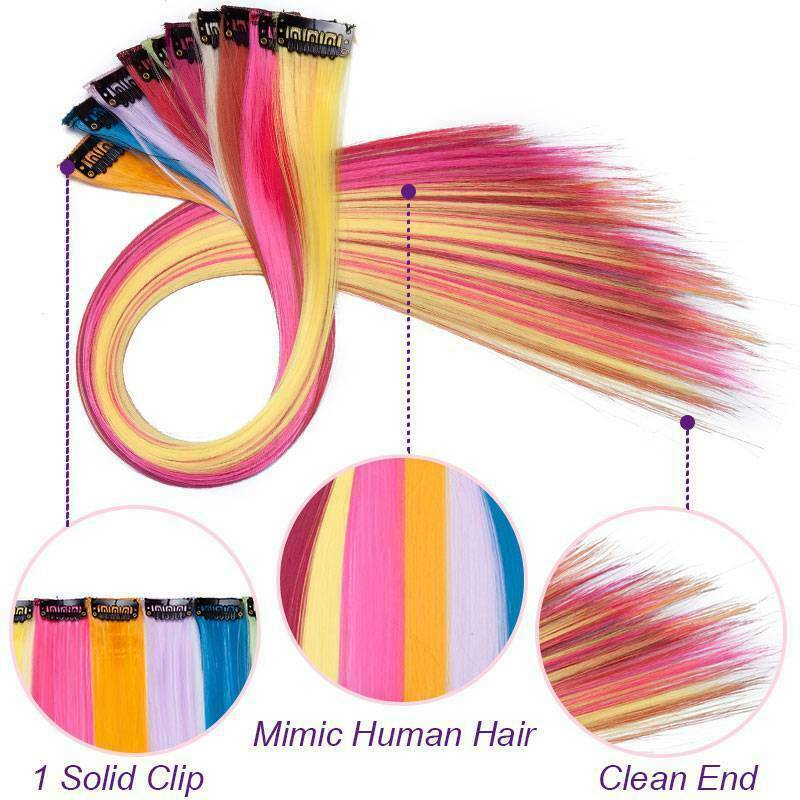 10 Pcs Clip In Wavy Straight Hair Extensions Rainbow Color Streaks Hair Piece US
