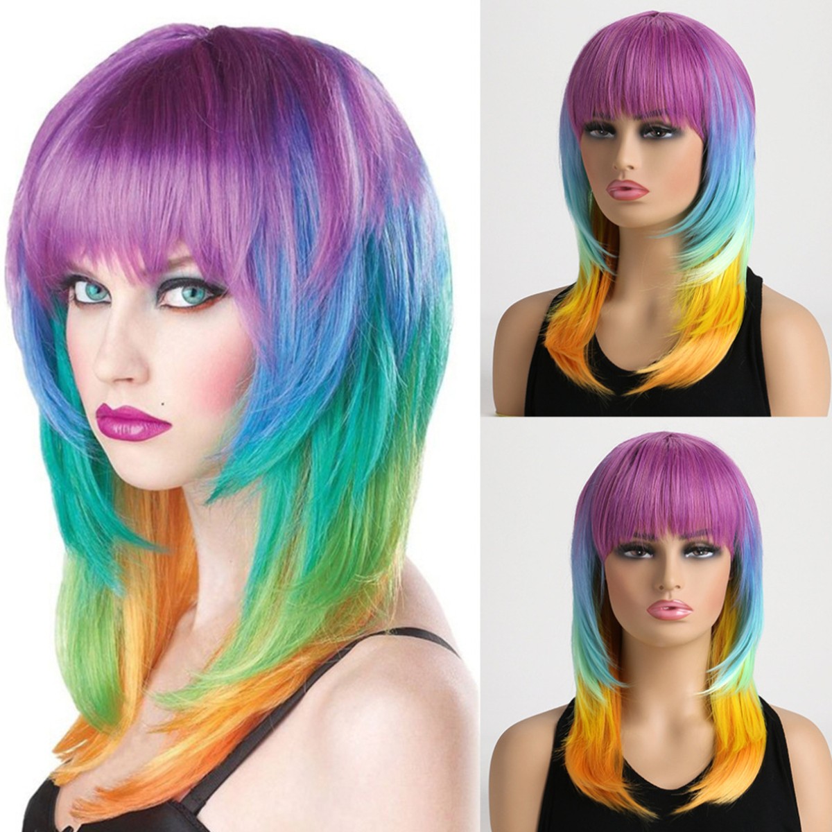 16″ Rainbow Long Wavy Wig for Women Full Heat Resistant Synthetic Cosplay Party