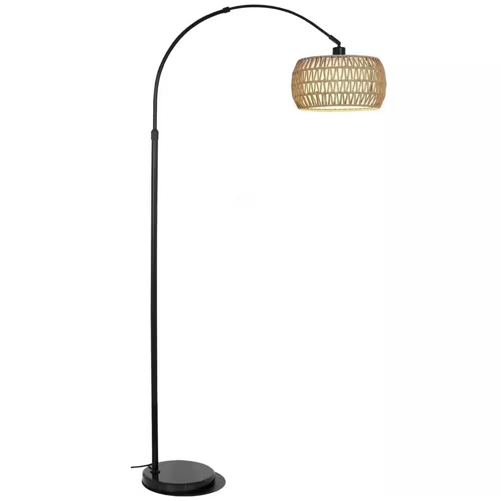 72 In. Brown & Black 1-Light Smart Arc Floor Lamp with Rattan & Fabric Double Dr