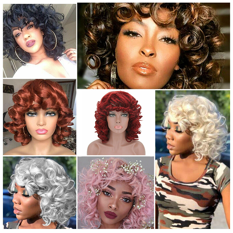 Short Curly Wig with Bangs for Black Women Big Bouncy Fluffy Natural Full Wigs